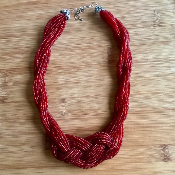 Paparazzi A Standing Ovation - Red Twisted Braided Seed Bead Necklace Holiday - Picture 3 of 11